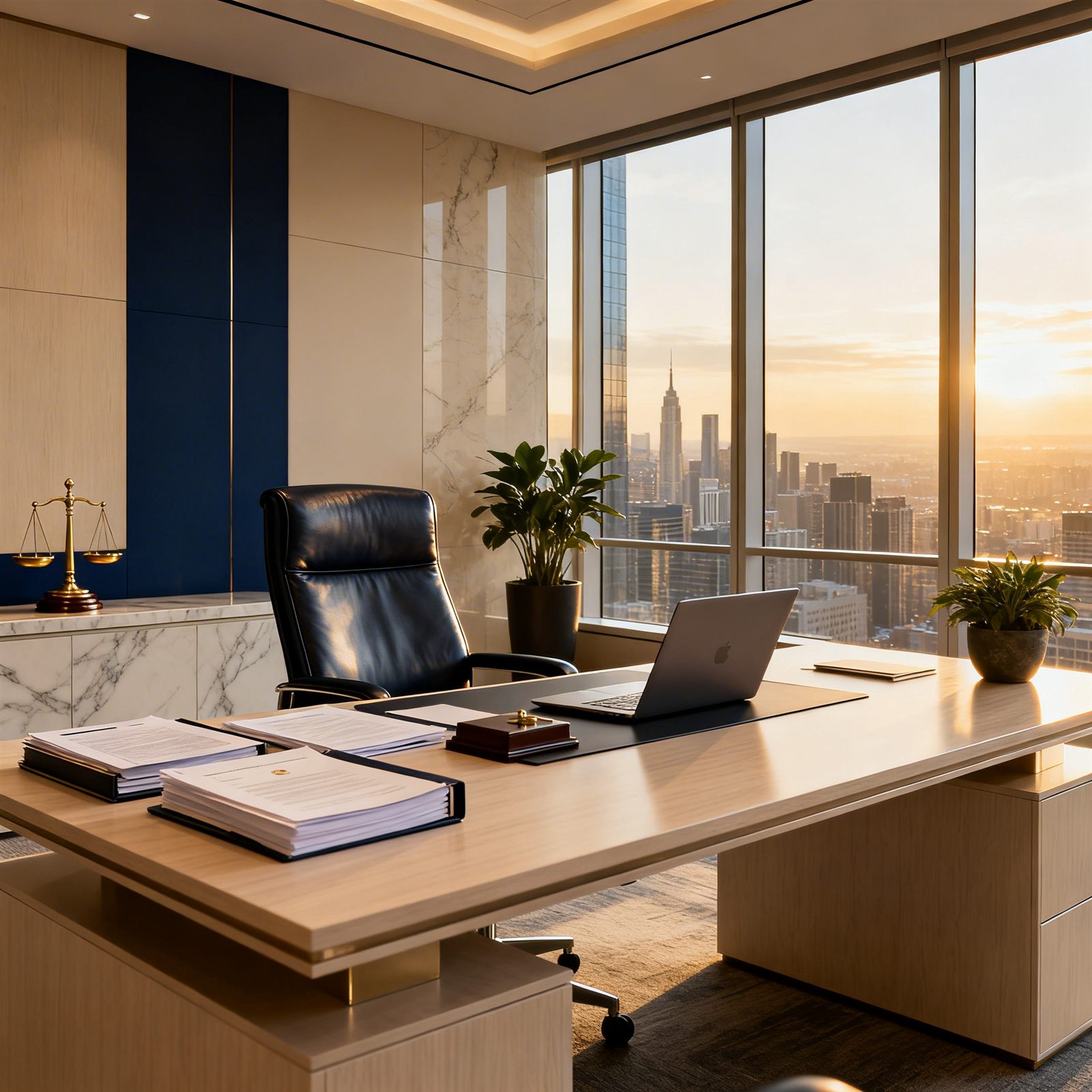 Oficina ejecutiva de Servicios Optibel con vista panorámica al atardecer