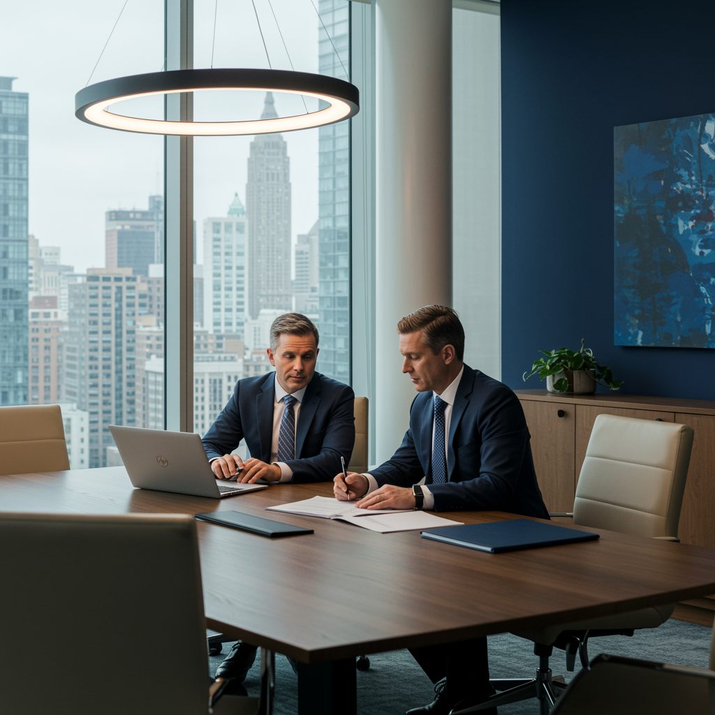 Equipo de Servicios Optibel en sala de juntas con vista a la ciudad